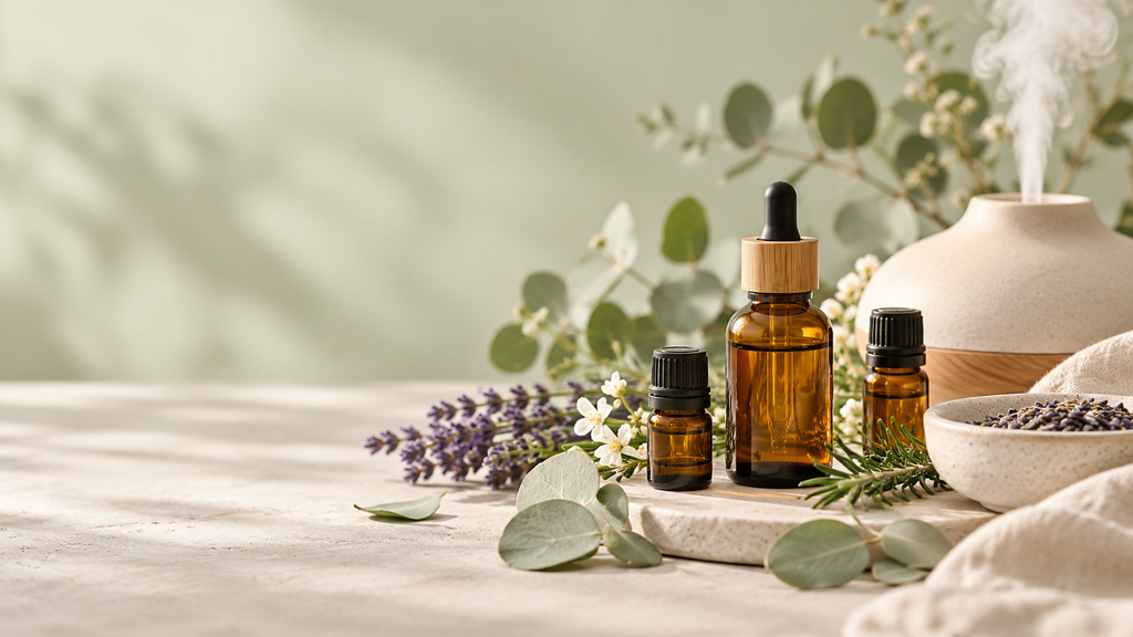 serene amber essential oil still life